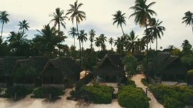 Afrika 'nın Zanzibar adasındaki beyaz kumlu plajın sinematik hava aracı görüntüsü.