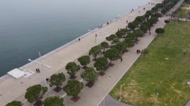 Ağaçlarla çevrili bir gölün yanındaki parkın güzel kuş bakışı görüntüsü.