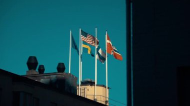 Hükümet binasında dalgalanan Eu, Amerikan, İsveçli, Fince, Norveçli ve Danimarka bayrakları