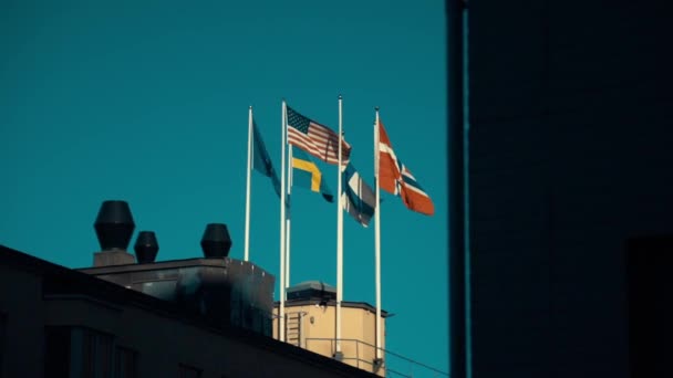 Флаги Америки Швеции Финляндии Норвегии Дании Развеваются Зданию Правительства — стоковое видео