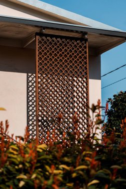 Gündüz vakti pembe bir evin bahçesinin dikey görüntüsü.