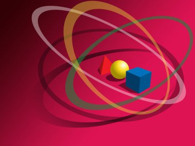 Pembe zemin üzerinde renkli parabolik daireler olan çok renkli üç boyutlu geometrik şekillerin soyut çizimi