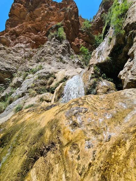 Una Toma Ángulo Bajo Una Hermosa Cascada Bosque Que Fluye — Foto de Stock