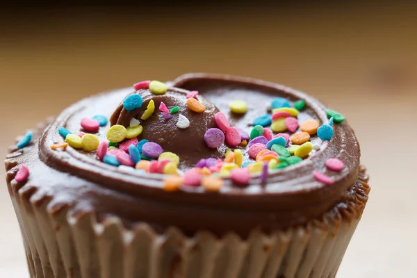 Closeup Chocolate Cupcake Colorful Sprinkles — Stock Photo, Image