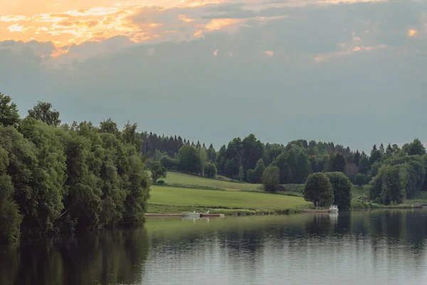 Krajina Jezera Zeleného Pole Stromů Venkově Švédska — Stock fotografie