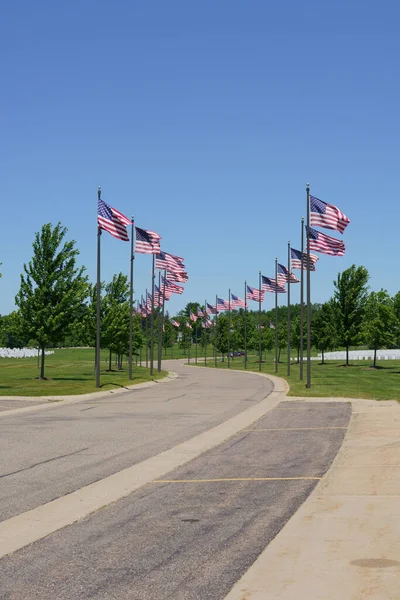 A vertical shot of memorial park surrounded by American flags on flag poles