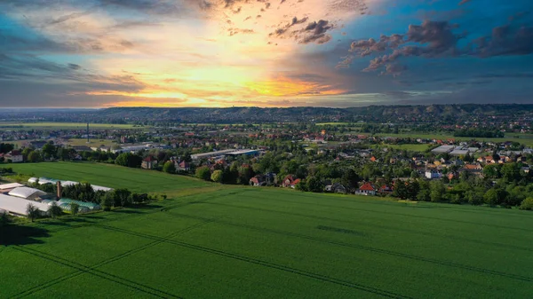 Panoramatický Výhled Okolí Drážďan Svěží Zelená Pole Trávníky Obytné Budovy — Stock fotografie