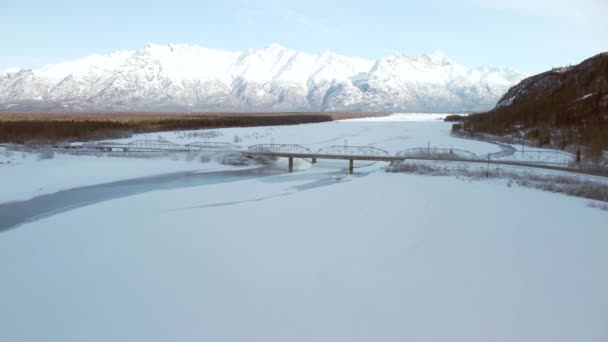 Drohnenbild Einer Brücke Über Flüsse Neben Schneebedeckten Feldern Hintergrund Der — Stockvideo