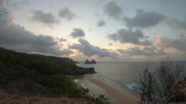 Two Brothers Rock Seen Lookout Point Sunset Time Fernando Noronha — Stock video