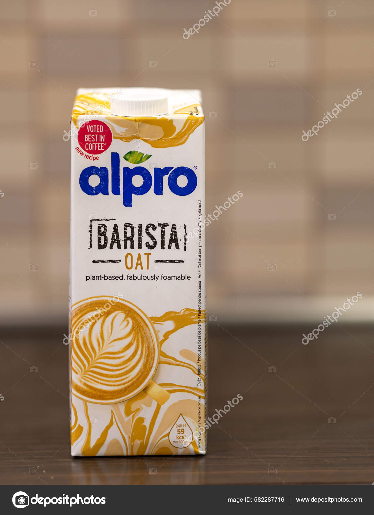 Alpro Brand Barista Oat Milk Paper Packaging Table Poland Poznan