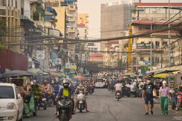 Primer Plano Calle Llena Motocicletas Coches Camboya — Foto de Stock