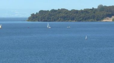 Güney Şili 'deki Frutillar şehrinin körfezindeki Llanquihue Gölü' ndeki Regattas 'ın bir HD' si.