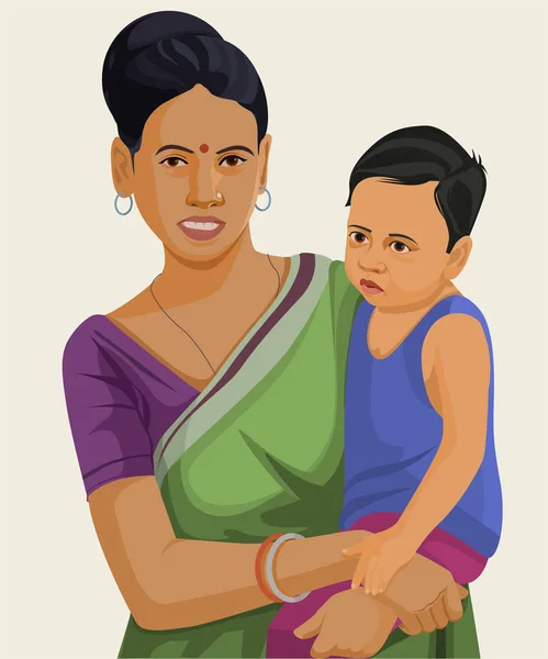 Vektorový Design Indické Ženy Matka Drží Své Dítě Bílém Pozadí — Stockový vektor