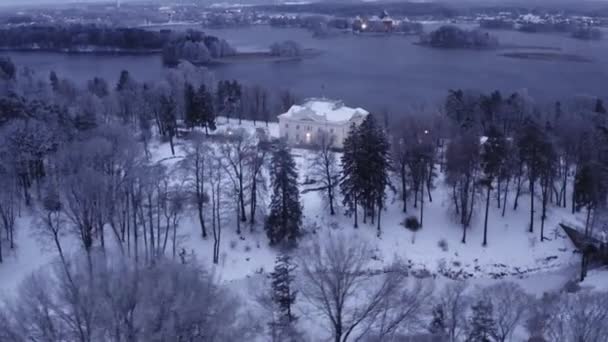 Rallentatore Aereo Uzutrakis Manor Circondato Alberi Ghiacciati Vicino Lago Galve — Video Stock