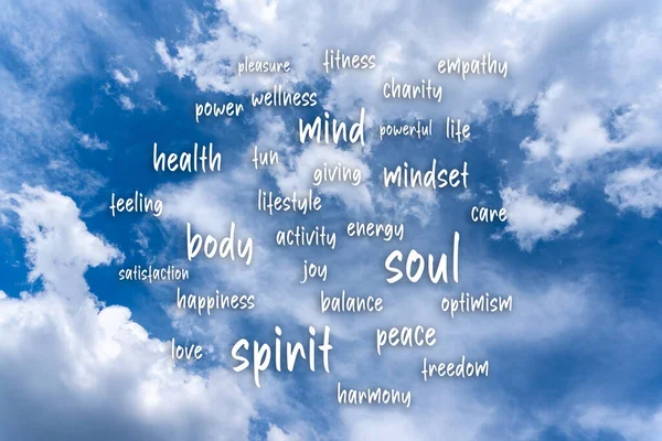 Небо Хмарами Фон Ключовими Словами Body Mind Soul Spirit — стокове фото
