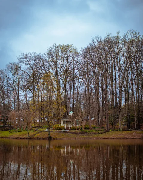 Una Vertical Lago Que Refleja Una Casa Árboles Desnudos Día — Foto de Stock