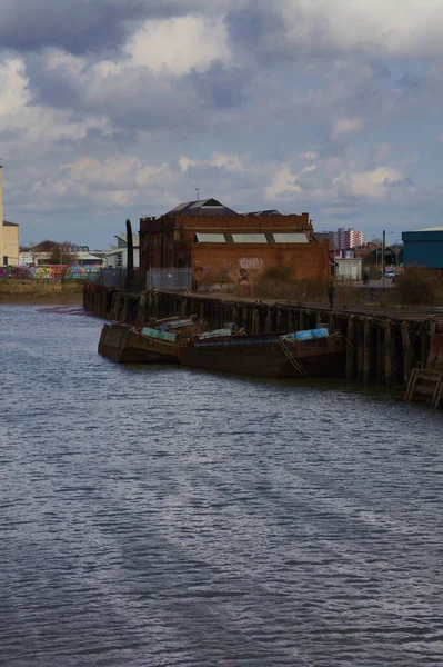 Disparo Vertical Del Río Hull Con Par Barcazas Butty Barcos —  Fotos de Stock