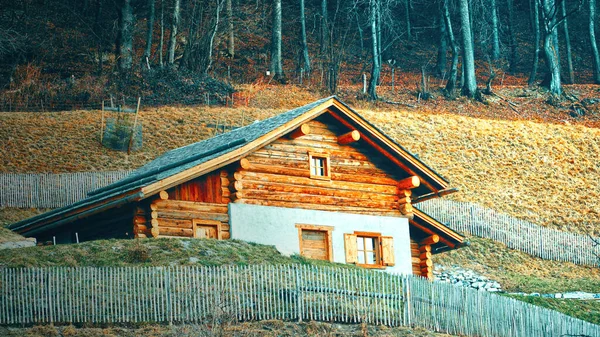 Eine Lebhafte Aufnahme Eines Holzhauses Fuße Eines Berges — Stockfoto