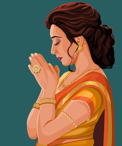 Vector Design Indian Woman Traditional Outfit Praying Isolated Green Background — Stock Vector