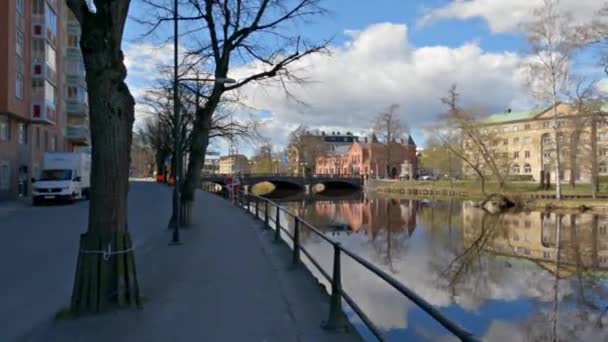 Ένα Pov Του Περπατήματος Κατά Μήκος Του Ποταμού Svartan Αντανακλώντας — Αρχείο Βίντεο