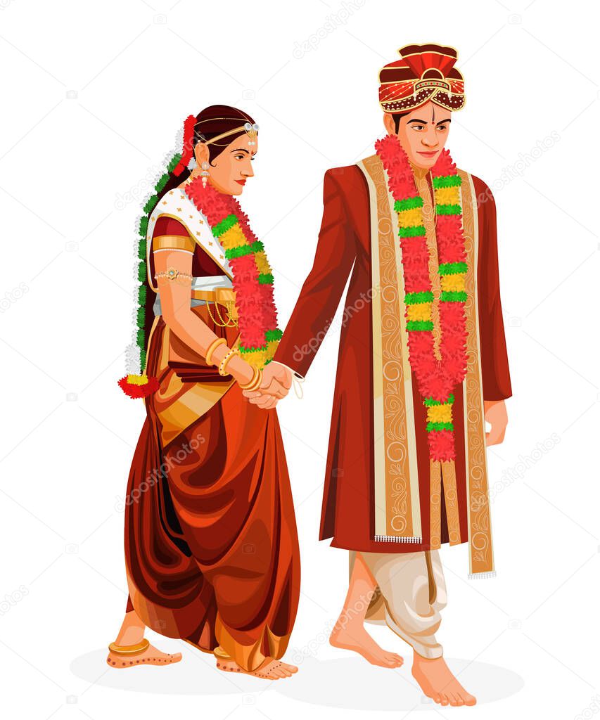 A vector design of an Indian wedding couple satphera ceremony  on a white background