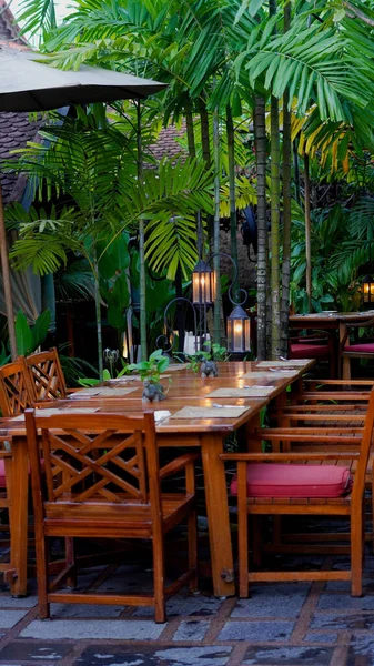 Dekoratif palmiye ağaçlarının arka planında bir restoranın dikey çekimi.