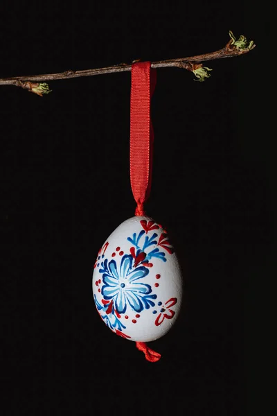 Vertical Shot Hand Painted Egg Hanging Twig Black Background Easter — Stock Photo, Image