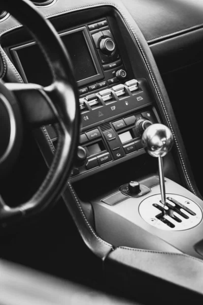 Vertical Black White Background Steering Wheel Dashboard Car Interior — Stock Photo, Image