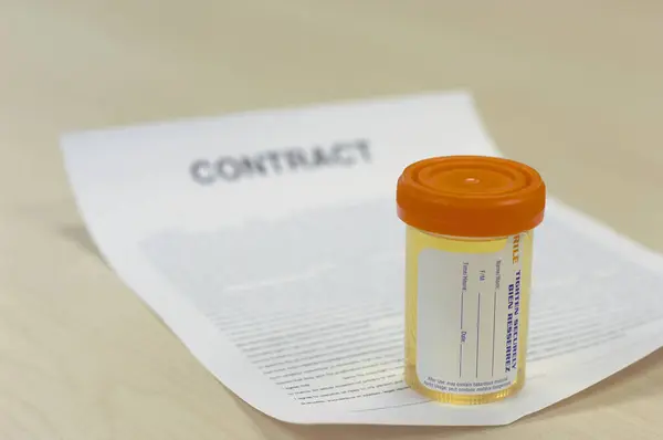 Close Shot Analysis Urine Container Placed Contract Paper — Stock Photo, Image