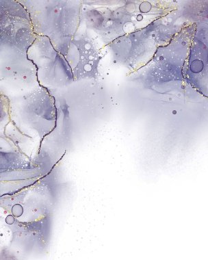 Kademeli mor renkler, soyut sıvı sıvı boya, altın çizgili dijital alkol mürekkebi çizimi. Mermer akış sanatı. Lüks şenlik hissi.