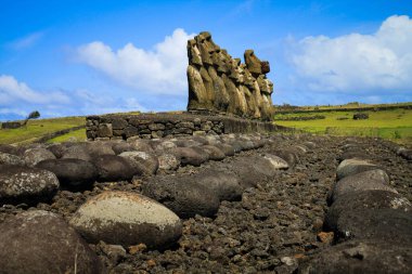 A view of Moai whole body monolithic human figures in Easter island