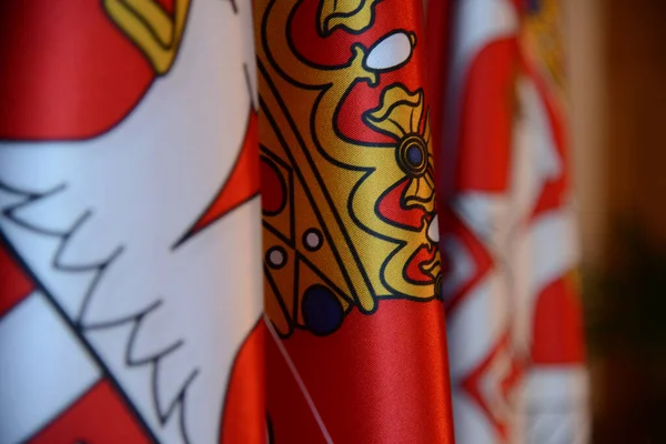 A close-up shot of a part of the Serbian flag on a blurred background