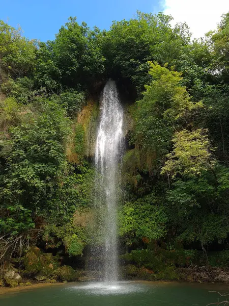 Vertical Shot Beautiful Waterfall Forest Flowing Mossy Rocks — Stock Photo, Image