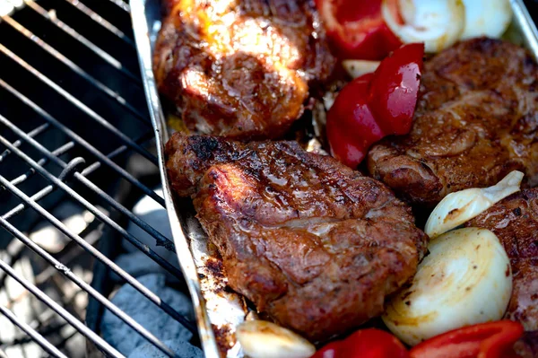Fotografie Unghi Înalt Carne Legume Delicioase Grătar — Fotografie, imagine de stoc