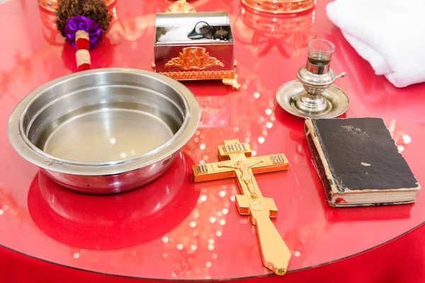 Golden Cross Bible Bowl Holy Water Casket Red Church Table — Stock Photo, Image