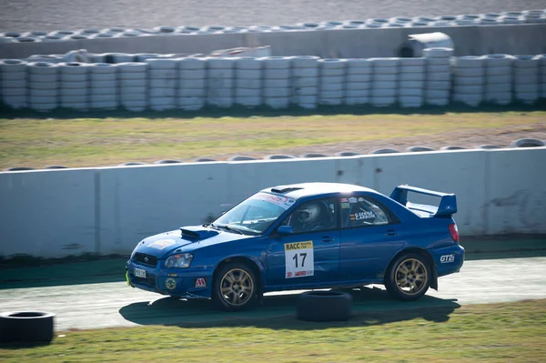 Primer Plano Coche Carreras Subaru Impreza Sti Pista Montmelo España —  Fotos de Stock