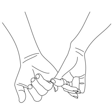 İllüstrasyon çizgisi arkadaşlık konsepti olarak söz veren bir el çiziyor. Sevgili çift el ele tutuşuyor.