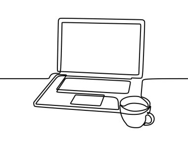 dizüstü bilgisayar ve kahve. Düzenlenebilir online. Sürekli tek satır sanat.