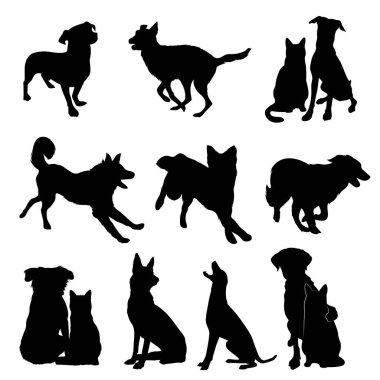 Beyaz arka planda köpeklerin vektör silueti.