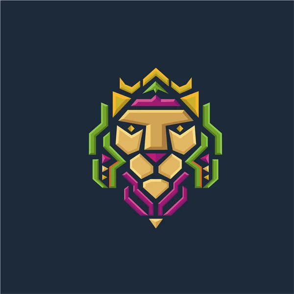 Icono Diseño Vectorial León Con Logotipo Tecnología Geométrica Corona Sobre — Vector de stock