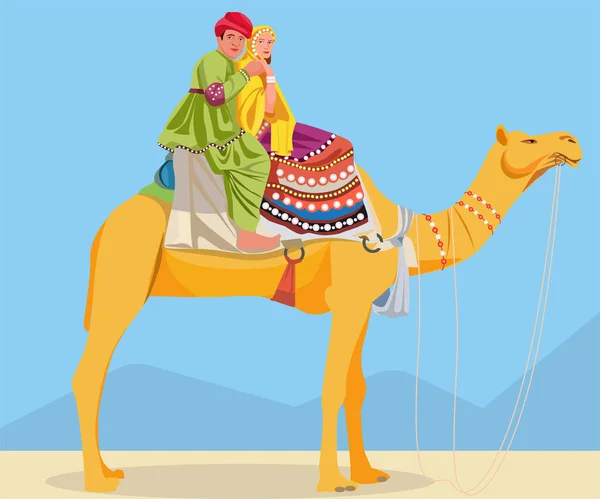 Векторный Дизайн Счастливой Индийской Пары Верхом Украшенном Верблюде Голубым Небом — стоковый вектор