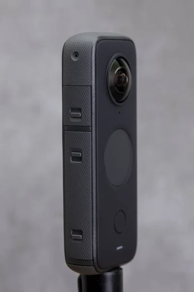Bulging Lens New Insta360 Camera Modern Contemporary Stylish Gray Background — Stock Photo, Image