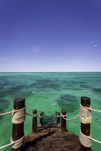 Staré Teak Naolejované Schodiště Jetty Dolů Indického Oceánu Zanzibar Tropical — Stock fotografie