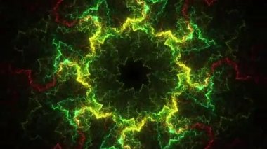İlahi ve büyüleyici kusursuz döngü fraktal sanat arka planı - çok katmanlı renkli geometri ve kaleydoskop girdapları.