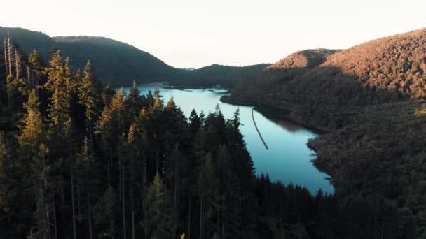 Sunset Aerial Drone Flight Blue Lake Közel Város Rotorua Zélandon — Stock videók