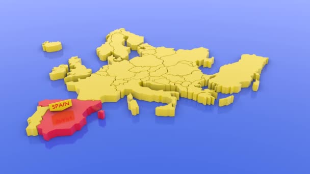 Odwzorowanie Żółtej Mapy Europy Czerwonej Wskazującej Hiszpanię — Wideo stockowe