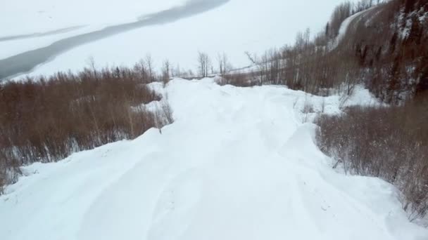 Widok Drona Krajobrazu Autostrady Pełni Pokryte Śniegiem Otoczony Przez Bezlistne — Wideo stockowe