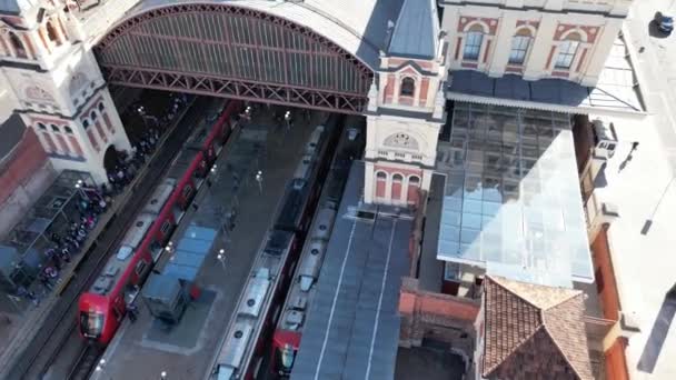 圣保罗市著名城市火车站卢斯车站和葡萄牙语言博物馆大楼外部无人机图像 — 图库视频影像