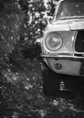 Üstü açık klasik bir Ford Mustang 'in sol ön farının dikey görüntüsü.