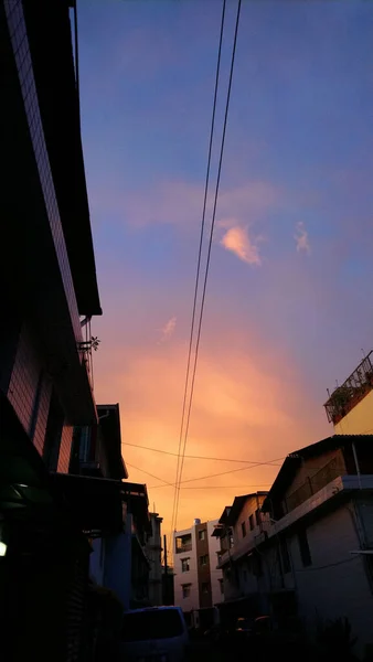 Vertikal Bild Fantastisk Pastell Solnedgång Himmel Över Urban Natur — Stockfoto